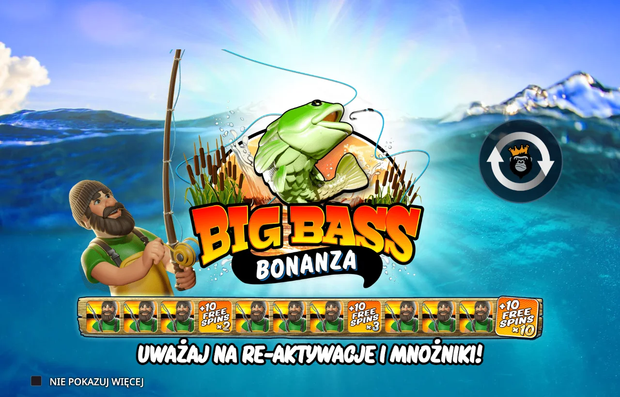 Ekran powitalny oryginalnego Big Bass Bonanza z rybą i rybakiem w polskim demo