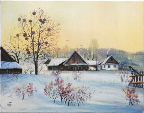 Obraz olejny "Zima ze sroką"